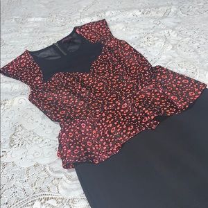 Coral floral detailed peplum dress with sheer back